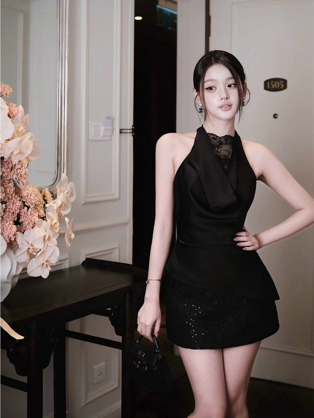 Elegant Black Lace Halter Mini Dress